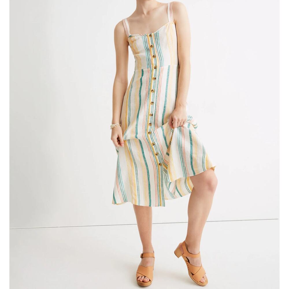 Madewell 100% Linen Striped Fitted-Bodice Midi Tank Sun Dress Size 2 - Picture 2 of 9